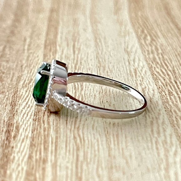 Radiant Simulated Emerald Halo Ring - Platinum Plated - Picture 2 of 5
